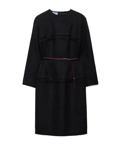 Prada Chevron Wool Dress With Belt In Black