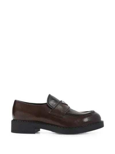 Prada Logo-plaque Calf Leather Loafers In Brown