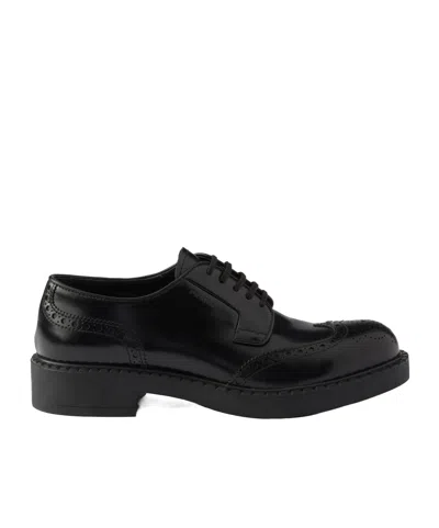 Prada Chocolate Brushed Leather Derby Brogues In Black