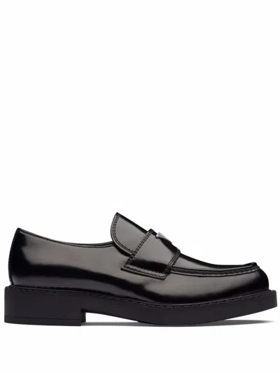 Prada Chocolate Brushed Leather Loafers In Black