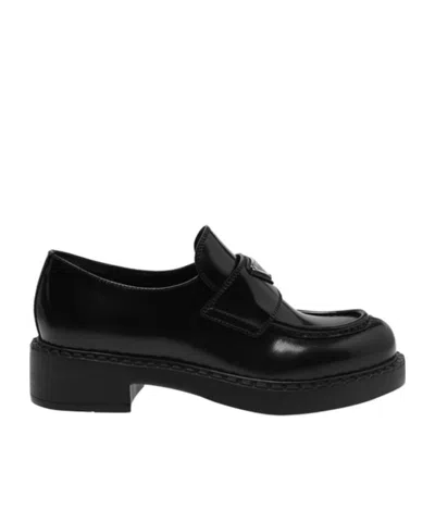 Prada Chocolate Brushed Leather Loafers In Black