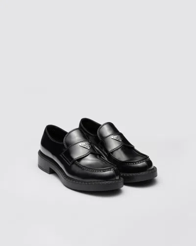 Prada Chocolate Brushed Leather Loafers In Black