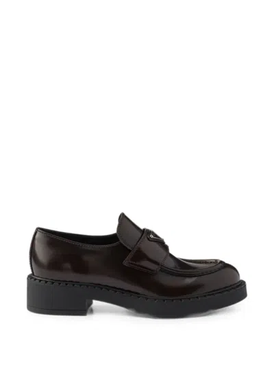 Prada Chocolate Brushed Leather Loafers In Burgundy