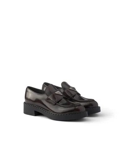 Prada Chocolate Brushed Leather Loafers In Multi