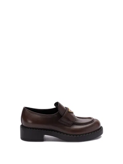Prada Womens Brown Chocolate Logo-plaque Brushed Leather Loafers