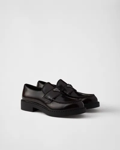 Prada Triangle Logo Chocolate Brushed Leather Loafers In Black