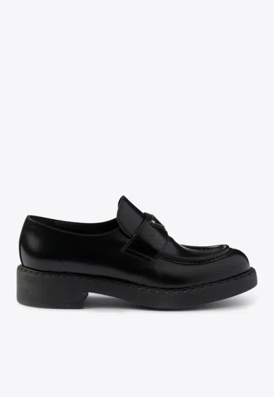 Prada Chocolate Brushed Leather Logo Loafers In Black