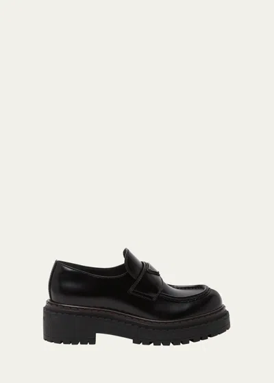 Prada Chocolate Calfskin Platform Loafers In Nero