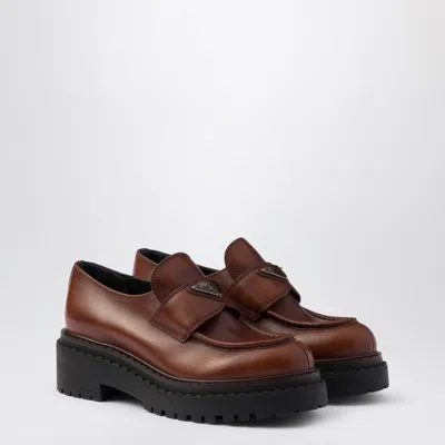 Prada Chocolate Cognac Brushed Leather Moccasin Women In Brown