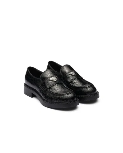 Prada Chocolate Crocodile Leather Loafers In Black