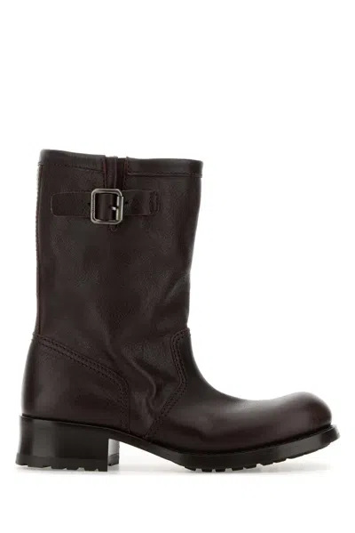 Prada Ankle Boots With Block Heel And Buckle In Brown
