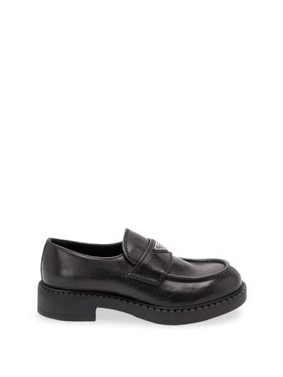 Prada Chocolate Brushed Leather Loafers In Black