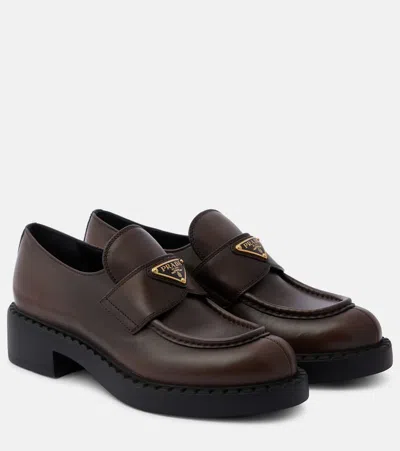Prada Brushed Leather Moccasin Loafers In Brown
