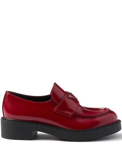 Prada Chocolate Leather Logo Loafers In Red