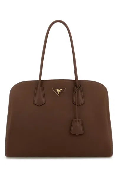 Prada Leather Shopping Bag Top Handles Design In Brown