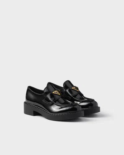 Prada Chocolate Patent Leather Loafers In Black