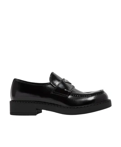 Prada Loafers Brushed Leather Elastic Gusset In Black