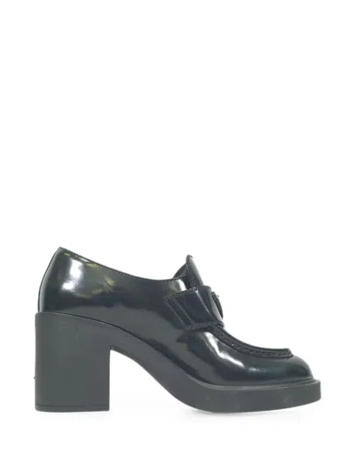 Pre-owned Prada Chocolate Logo-plaque Heeled Loafers In Black