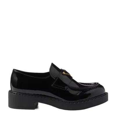 Prada Chocolate Patent Leather Loafers In Black