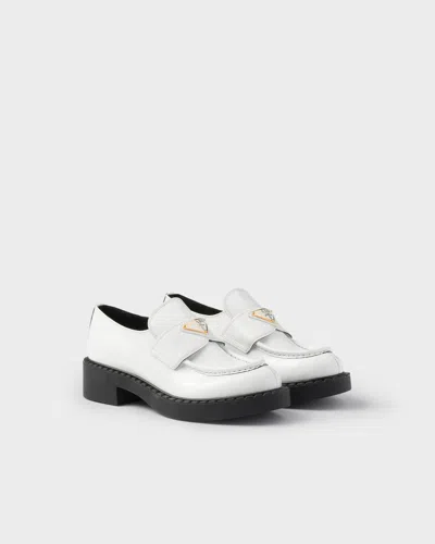 Prada Chocolate Patent Leather Loafers In White