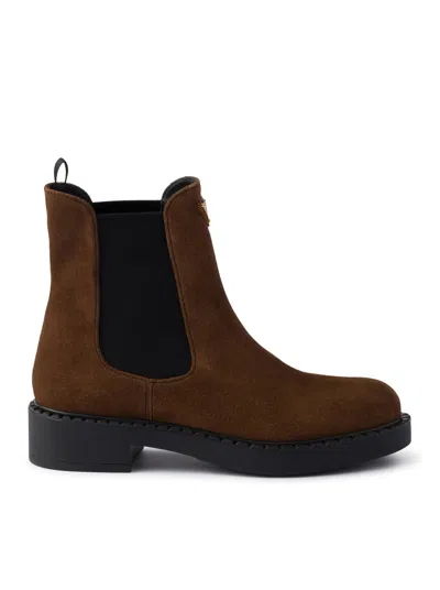 Prada Chocolate Suede Ankle Boots In Brown