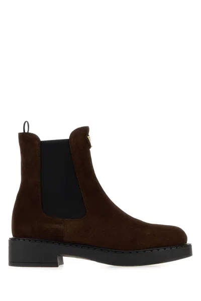Prada Chocolate Suede Ankle Boots In Brown