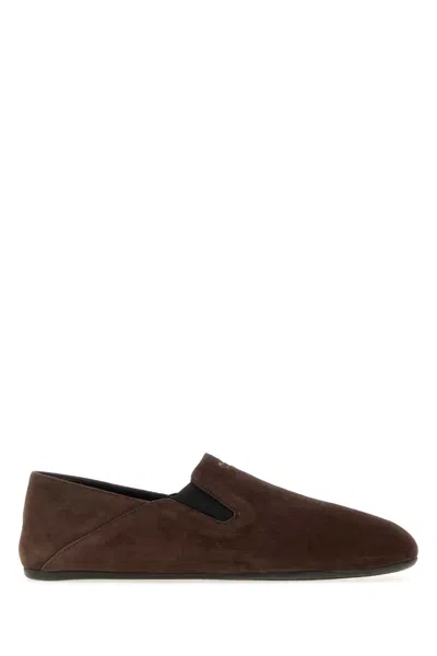 Prada Suede Loafers Flat Sole Round Toe In Brown