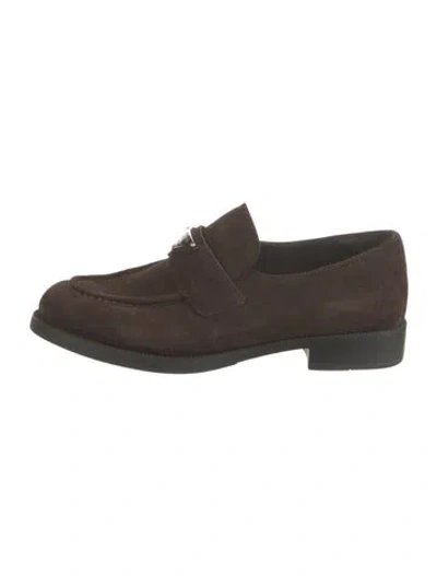 Pre-owned Prada Chocolate Suede Loafers Enameled Metal Triangle Loafers In Brown