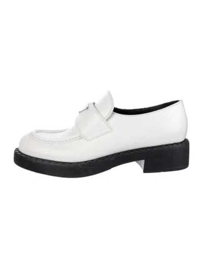 Pre-owned Prada Chocolate Triangle-logo Leather Loafers Enameled Metal Triangle Oxfords In White
