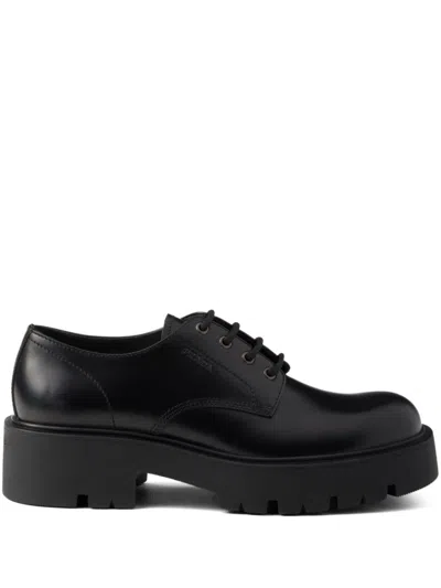 Prada Chunky Sole Leather Derby Shoes In Black
