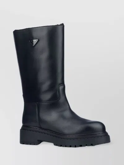 Prada Chunky Sole Mid-calf Round Toe Boots In Black