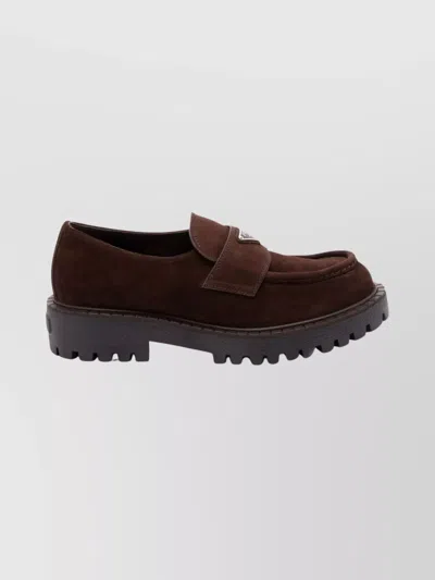 Prada Chunky Sole Suede Slippers With Round Toe In Brown