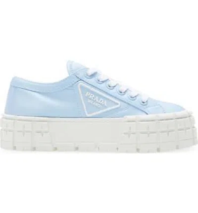 Pre-owned Prada Cielo Blue Nylon White Platform Lug Sole Flat Low Top Trainer Sneaker 37.5