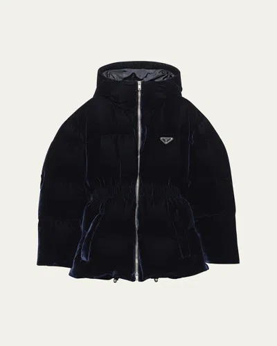 Prada Cinched Velvet Puffer Jacket In Blue