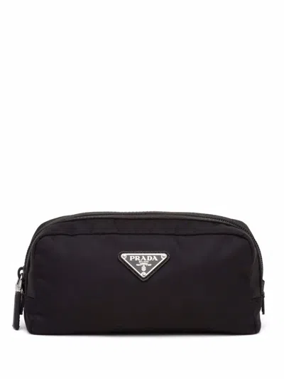 Prada Nylon Wash Bag With Enamel Triangle Logo In Black