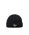Prada Classic Logo Knit Hat In Black