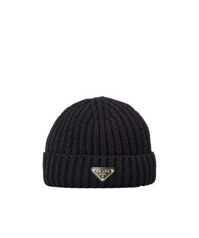 Prada Classic Logo Knit Hat In Black