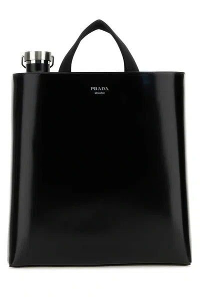 Prada Classic Raffia Tote Handbag With Bronze Hardware For Men In Black