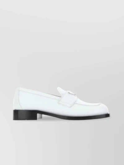 Prada Classic Round Toe Leather Loafers With Low Block Heel In White