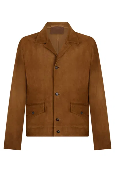 Prada Classic Suede Leather Short Jacket In Brown