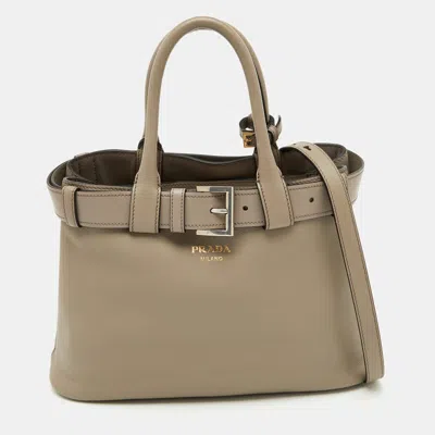 Pre-owned Prada Clay Grey Leather Small Buckle Detail Tote In Gray