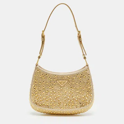 Pre-owned Prada Cleo Beige/gold Leather And Satin Shoulder Bag In Sand
