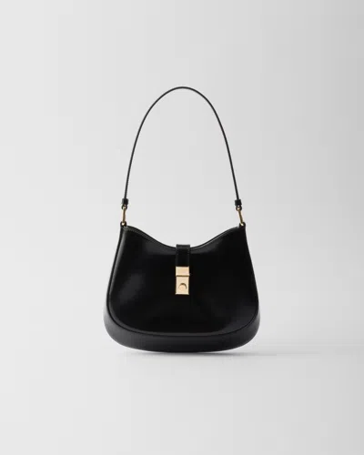 Prada Cleo Brushed Leather Shoulder Bag With Clasp Closure In Black