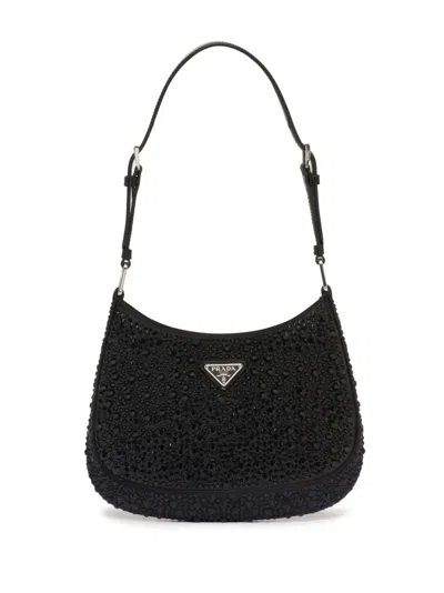 Prada Cleo Crystal-embellished Shoulder Bag In Black