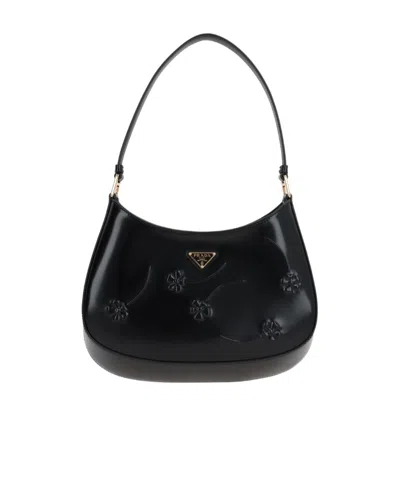 Prada Cleo Embossed-detail Shoulder Bag In Black