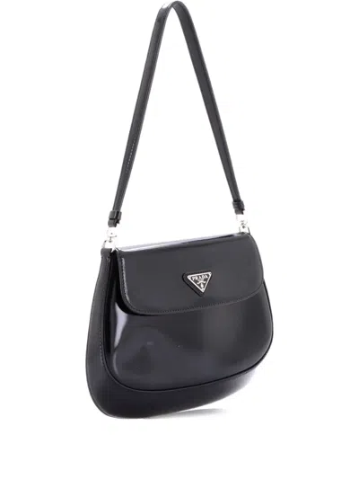 Pre-owned Prada Cleo Flap Shoulder Bag Spazzolato Leather Small Hobo Bag In Black