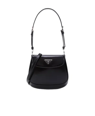 Prada Cleo Glossy Leather Mini Logo Shoulder Bag In Black