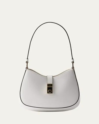 Prada Cleo Brushed Leather Shoulder Bag With Clasp Closure In White
