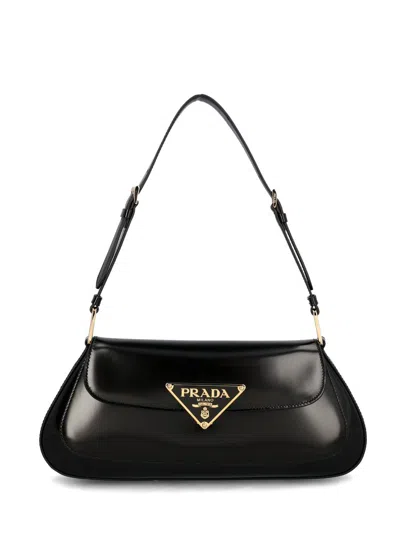 Prada Cleo Logo Plaque Shoulder Bag In Black