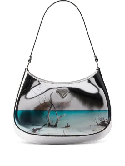 Prada Cleo Printed Brushed Leather Shoulder Bag In Silver